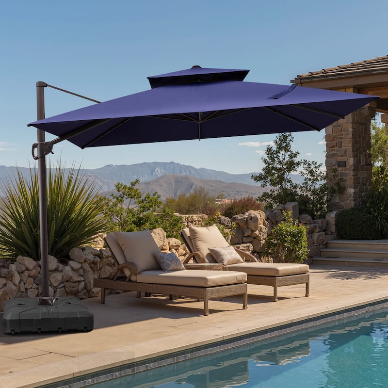 Outdoor 10FT Square Adjustable Offset Cantilever Patio Umbrella with Base - Navy Blue