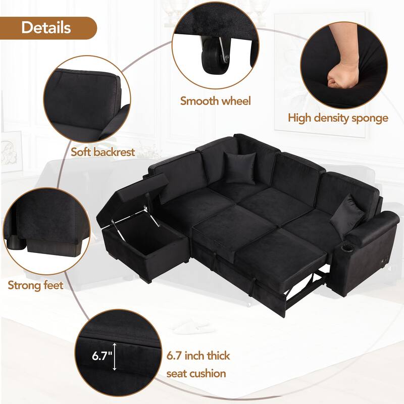84.75" 2-in-1 Pull Out L Shape Velvet Sleeper Sofa Bed with Storage Ottoman, Black, for Living Spaces
