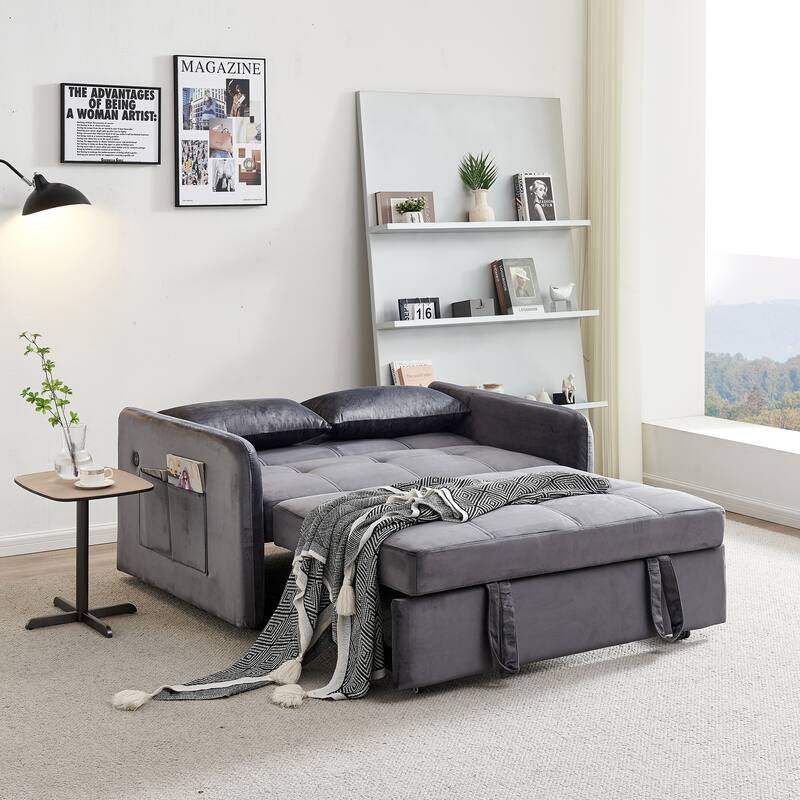 55.5" Velvet Multifunctional Loveseat Pull Out Sofa Bed: USB Charging, 2 Pillows, Easy Assembly.