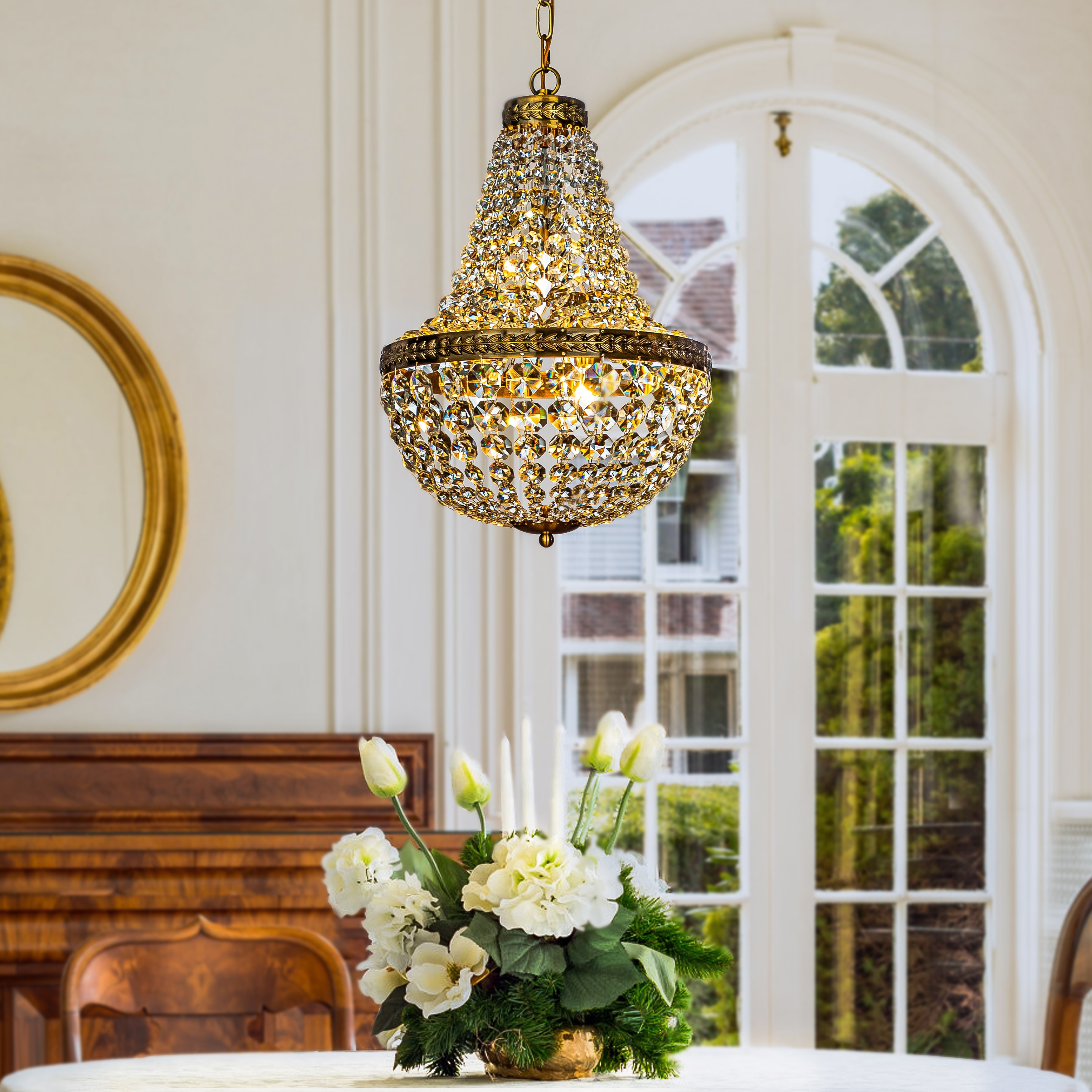 4-Light Vintage And Glam Basket Crystal Chandelier in Antique Gold