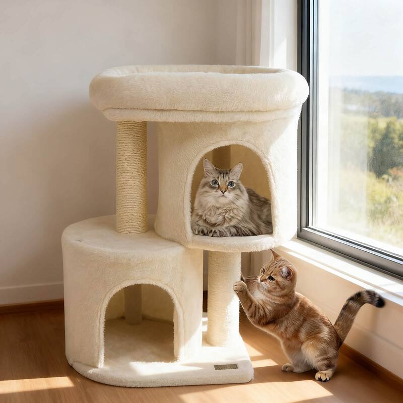Costway 26” Small Cat Tree with Large Padded Plush Perch, 2 Condos, - See Details