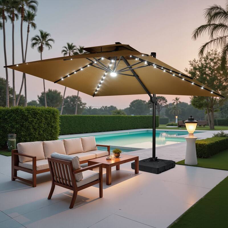 10 FT x 13 FT Outdoor LED Lighted Double Top Patio Cantilever Umbrella with Base Stand