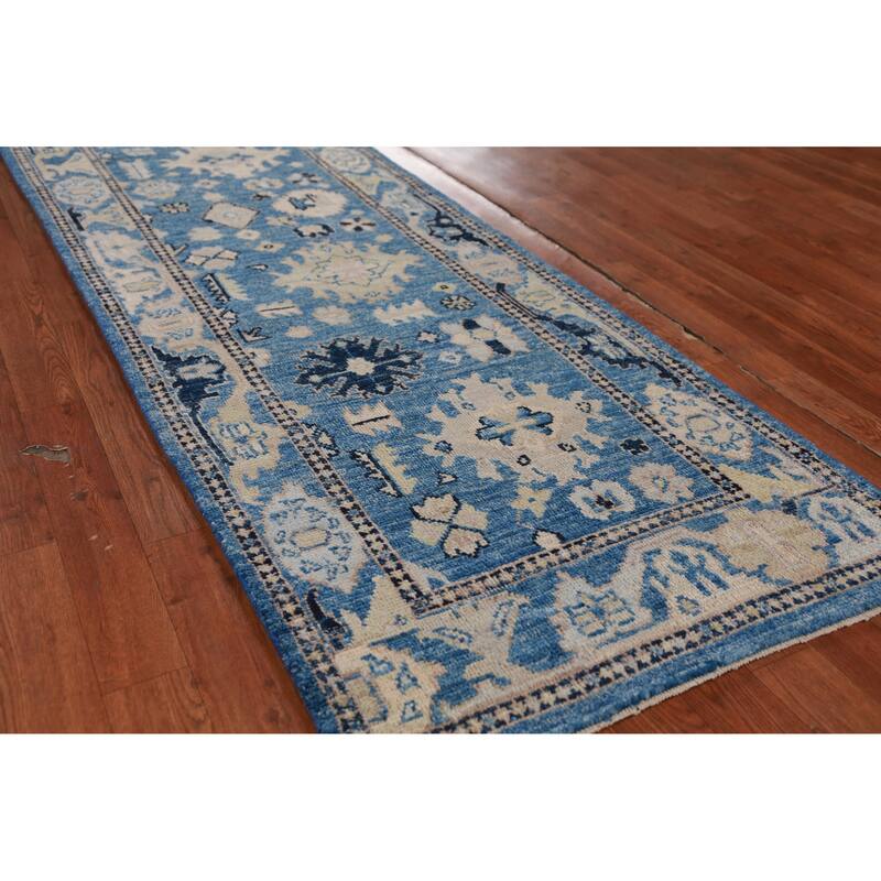 Hand Knotted Oriental 100% Wool Carpet Transitional All-Over Navy Blue & Blues Oushak Runner Rug - 9' 8'' X 2' 7''