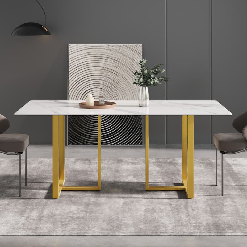71" White Marble Dining Table for 6-8,Rectangular Tabletop and Triangular Carbon Steel Legs