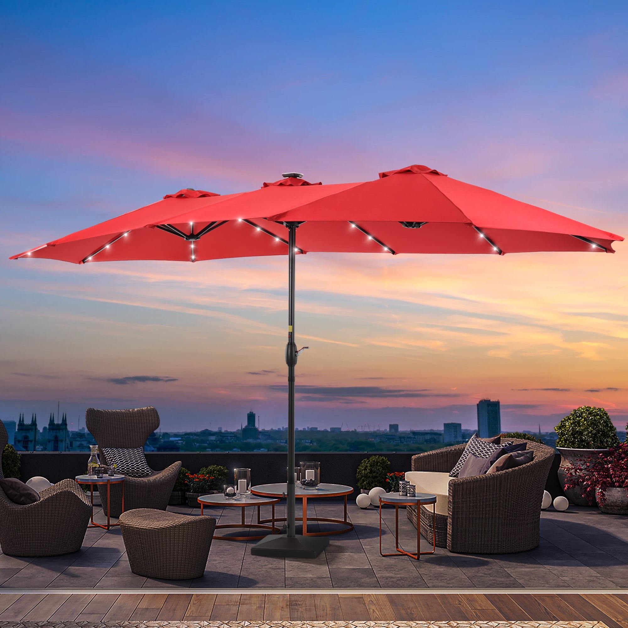 Livoosun 15×9FT LED Double-sided Patio Umbrella with BASE UPF50+ and Handle, and Wind-Resistant Design
