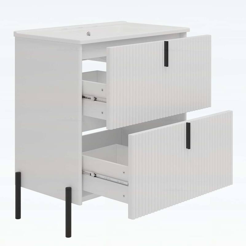 30-Inch Freestanding Bathroom Vanity with Ceramic Sink,Soft Close Drawers,and Fluted Design in Dark Brown