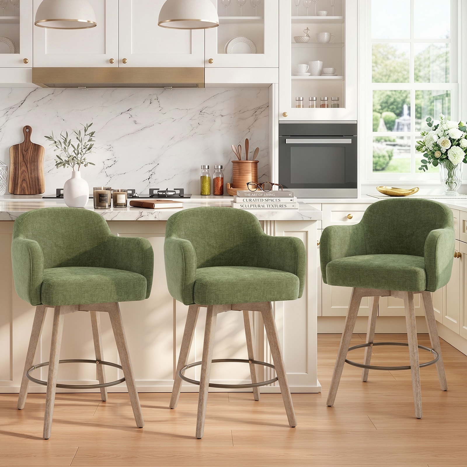 26-Inch Chenille Upholstered Swivel Counter Height Bar Stool with Wide Seat, Armrests and Solid Wood Legs