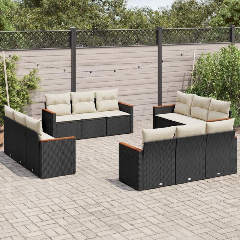 vidaXL Patio Sofa Set with Cushions Outdoor Conversation Furniture Poly Rattan - Black and cream without table - 24.4 x 24.4 x 27.2 in