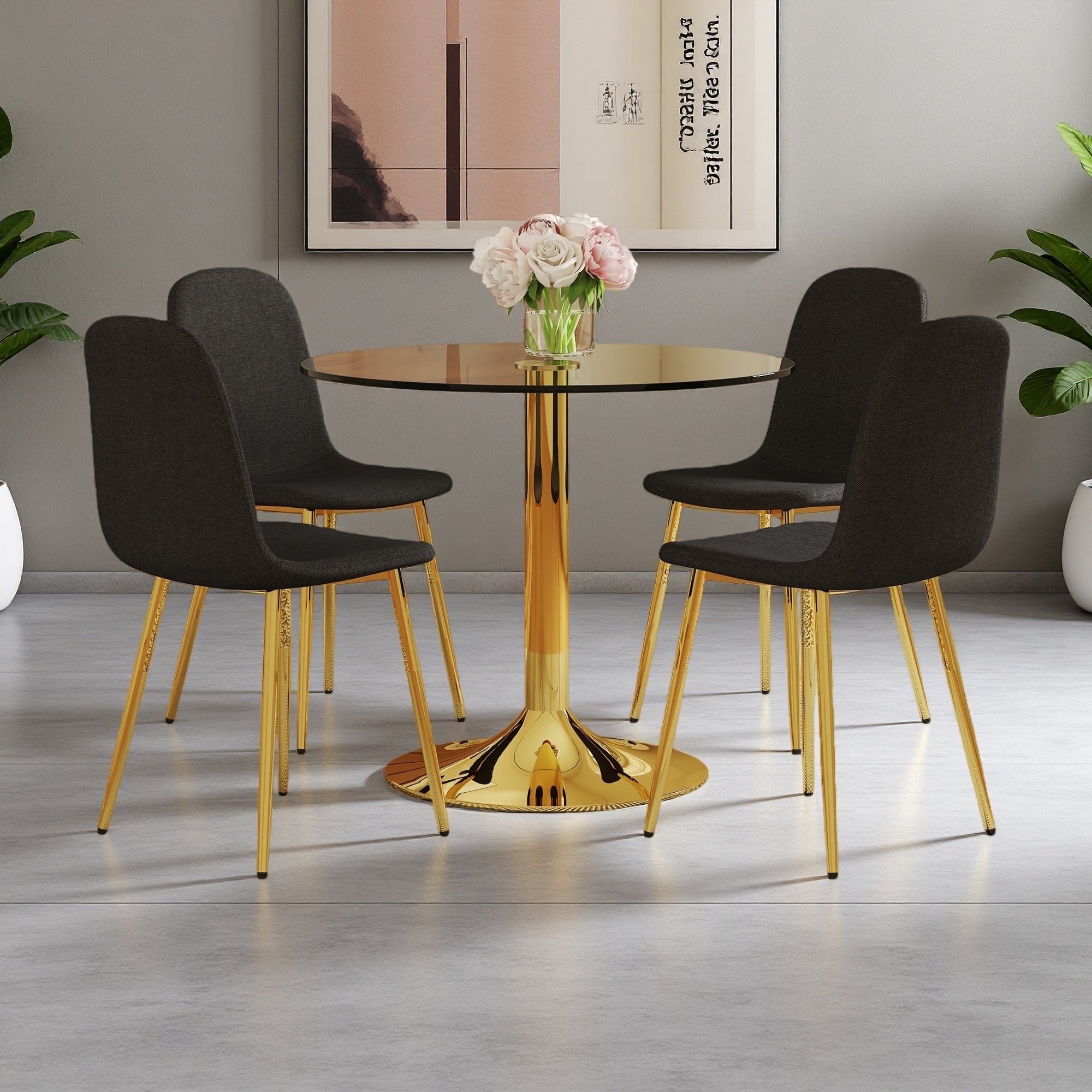 5-Piece Dining Set with Round Tempered Glass Table and 4 Armless Chairs