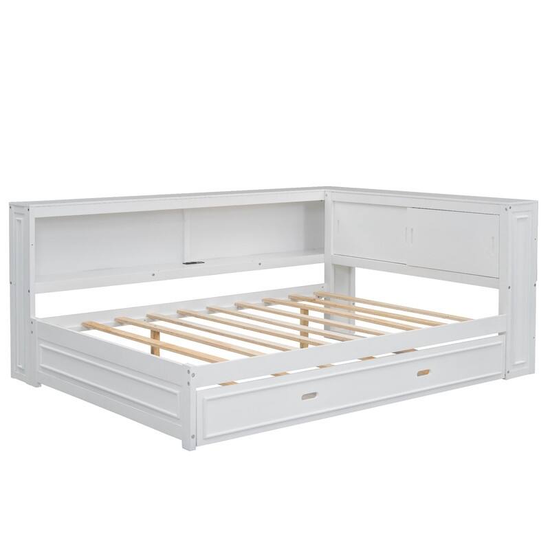 Full Size Wood Daybed with Storage Shelf and Charging Station, LED Lighting Platform Bed Frame with Twin Size Trundle