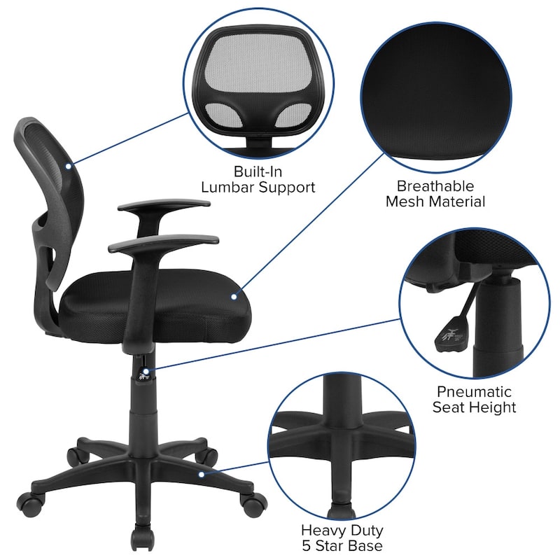Mid-Back Mesh Swivel Task Office Chair with T-Arms - Office Furniture - 21"D x 24"W x 34.25" - 39"H