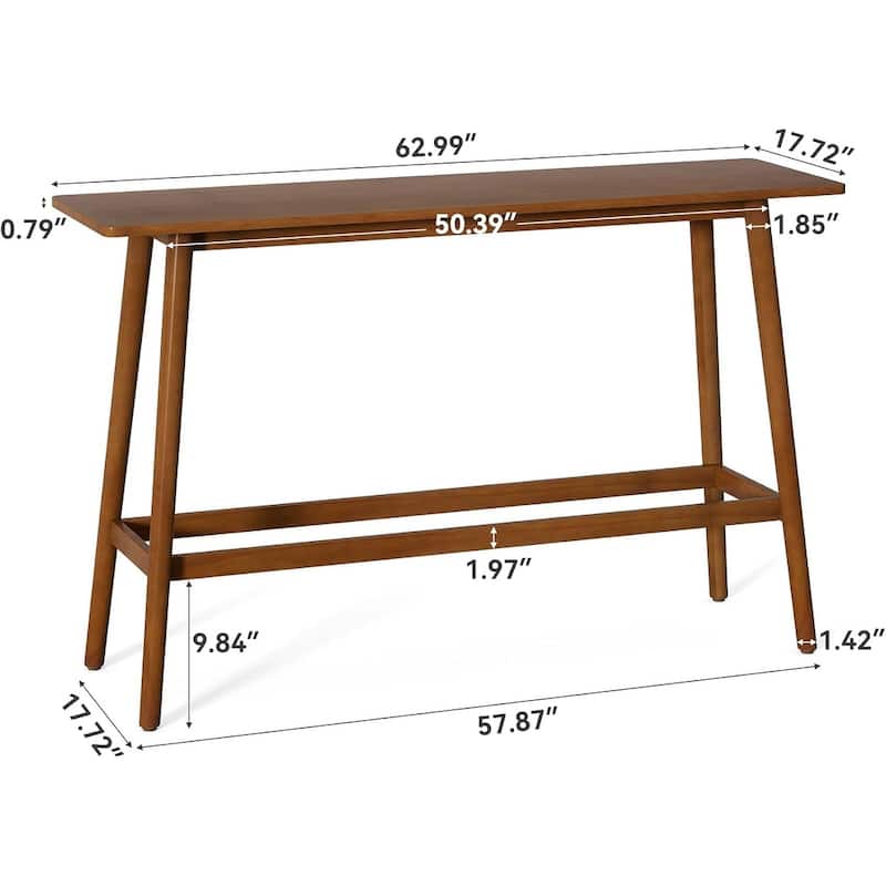 63-Inch Brown MDF Bar Table, Rectangular Pub Table with Solid Wood Legs