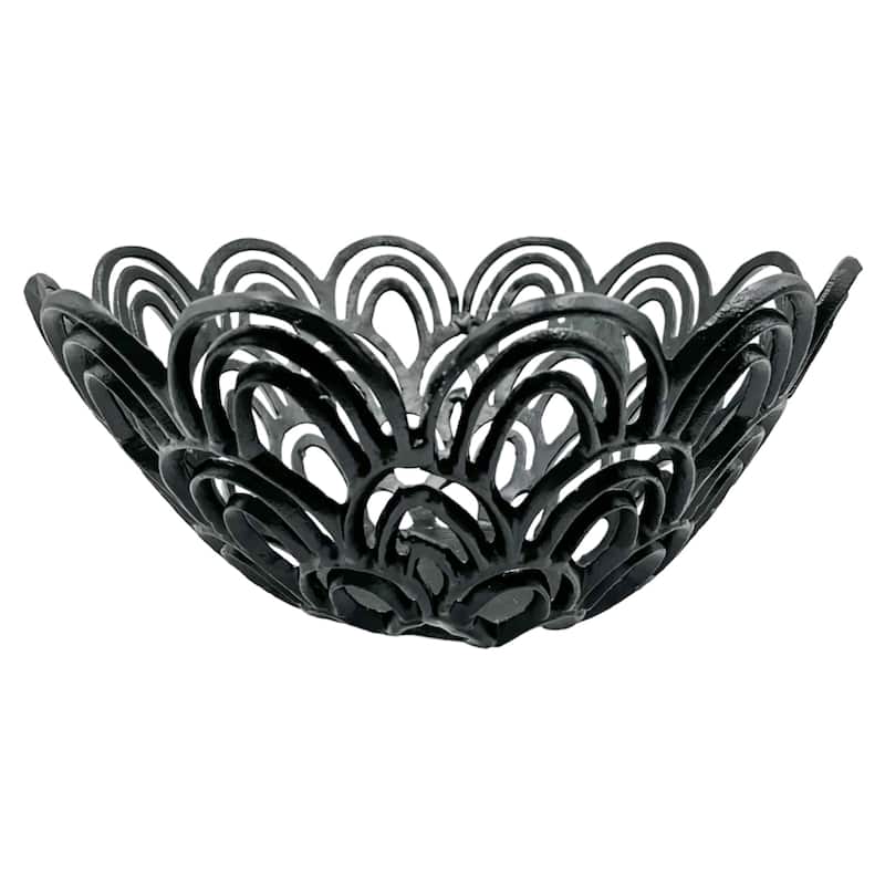Decorative Handmade Aluminum Peacock Feather Flower Bowl in Black - 14 x 14 x 6.5 in
