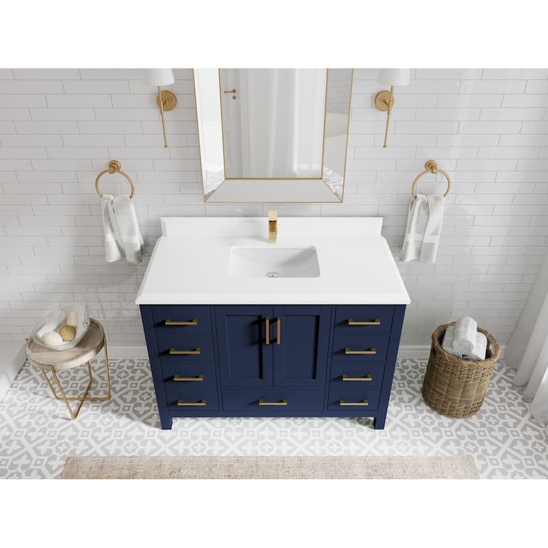 Willow Collection 48 in. W x 22 in. D Malibu Single Sink Bathroom Vanity with Countertop - 1.5" White Quartz - Navy Blue