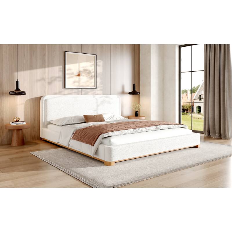 Modern King Size Bed Frame with Curved Headboard, Boucle Upholstery, and Solid Wood Base