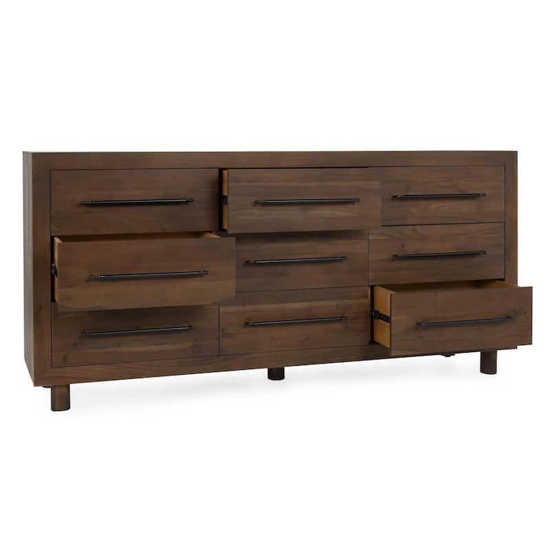 Classic Home Jaxon Nine-Drawer Acacia Wood Dresser in Cocoa Brown