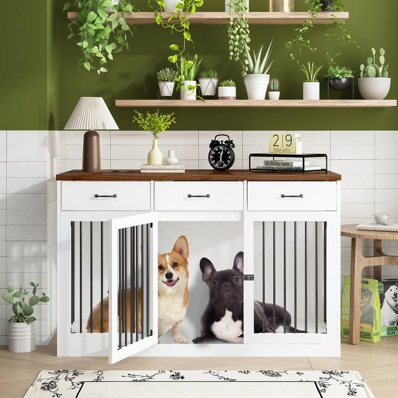 Furniture Style Dog Crate with Storage Drawers, Large Dog Kennel Cabinet with Wood Top, Double Door Pet Crate End Table