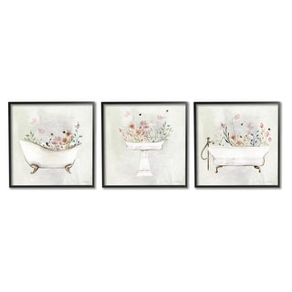 Stupell Soft Floral Bathroom Scenes 3 Piece Framed Giclee Art Set Design by Stella Chang - Off-White