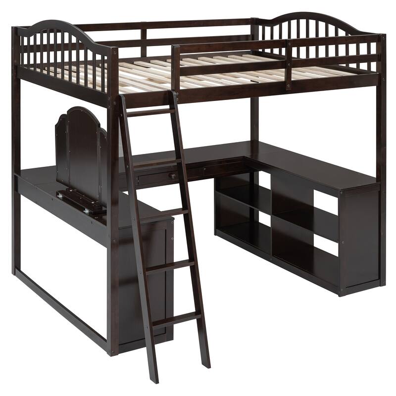 Full Size Pinewood Loft Bed with U-shaped Desk, Storage Compartments, and Tri-fold Mirror