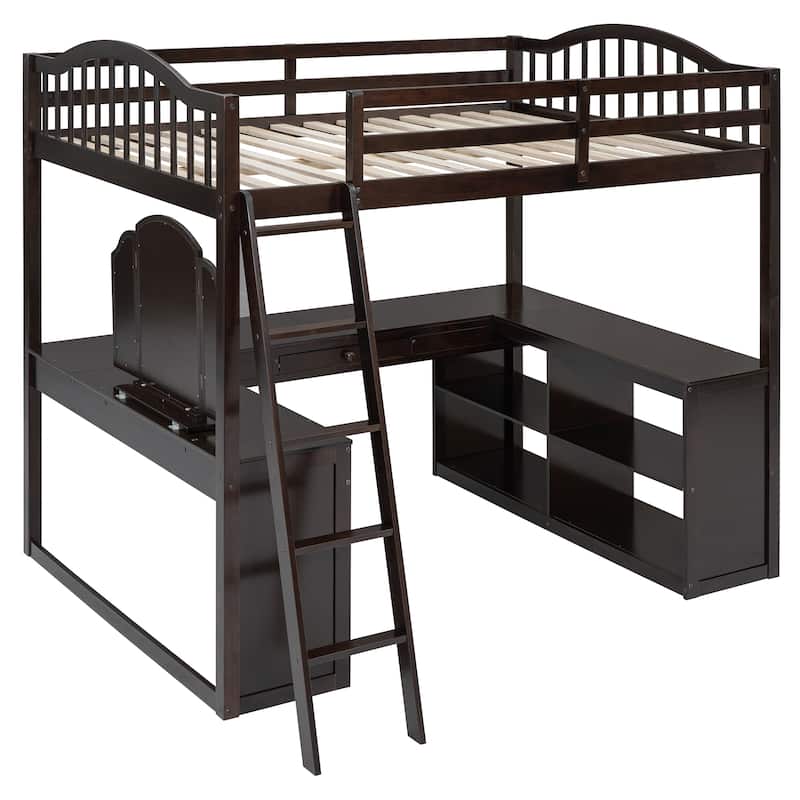 Full Size Wooden Loft Bed with U-Shaped Desk, Tri-Fold Mirror & Storage Compartments, Space-Saving Design