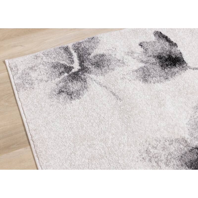 White Grey Neutral Flowers Frieze Area Rug