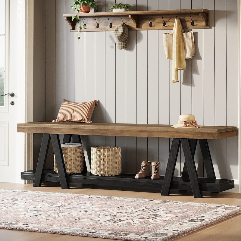 Entryway Bench with Shoe Storage, 2-Tier 59'' Bedroom Dining Bench - Rustic Brown + Black