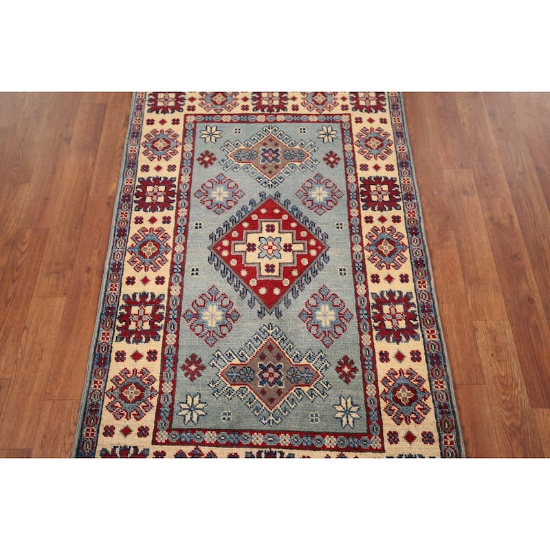 Light Blue Geometric Kazak Accent Rug Hand-Knotted Wool Carpet - 2'7" x 4'3"