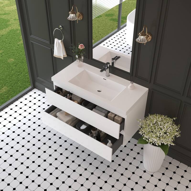 ABRUZZO 42" Floating Single Bathroom Vanity Wall-Mounted with Integrated Resin Top Basin 2 Soft Close Drawers Full Assembly
