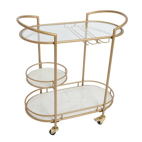 30 Inch 3 Tier Bar Cart with Matte Gold Metal Frame, White Marble and Glass Shelves