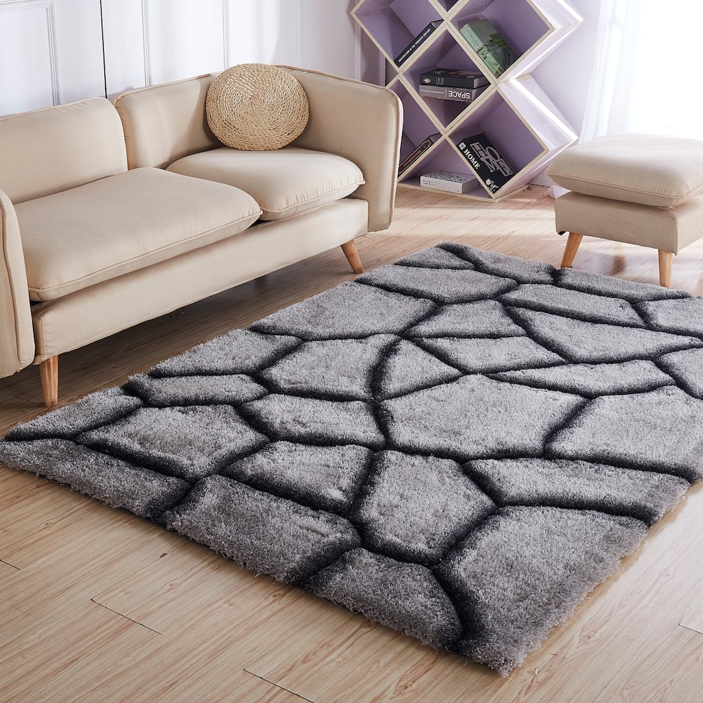 Mateos Shag Collection Grey/Black Abstract Area Rug