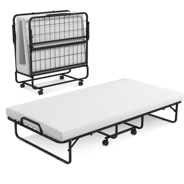 slide 2 of 6, Compact Twin Size Metal Folding Bed Featuring Memory Foam Mattress