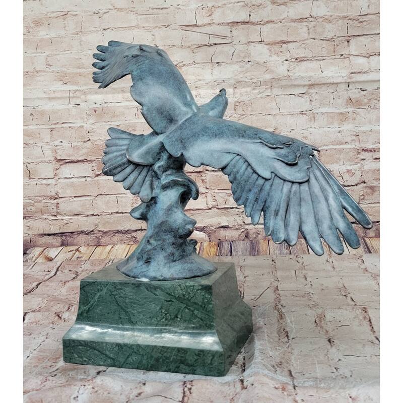 American Bald Eagle Wings Spread Green Bronze Sculpture Statue On Marble Base