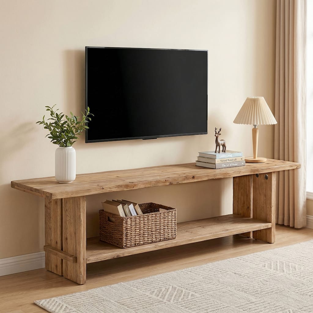 71" Solid Wood TV Stand for 55/65/75/85-Inch TV, Farmhouse Entertainment Center with Storage, TV Consoles for Living Room