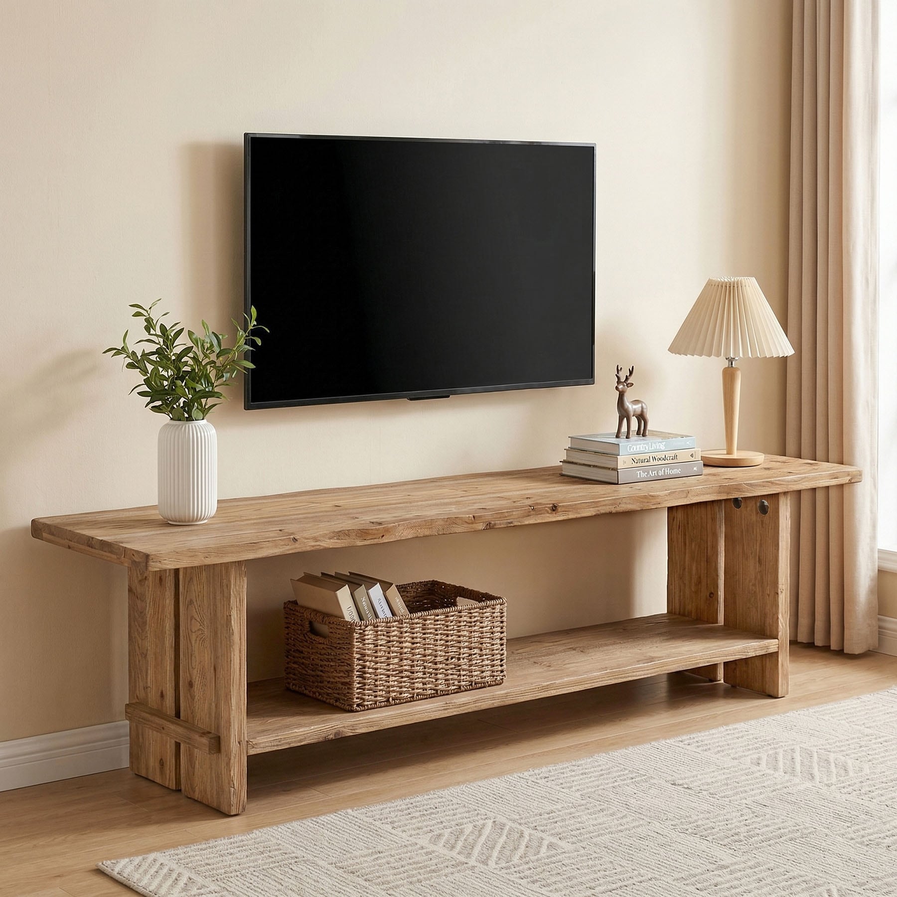 71" Solid Wood TV Stand for 55/65/75/85-Inch TV, Farmhouse Entertainment Center with Storage, TV Consoles for Living Room