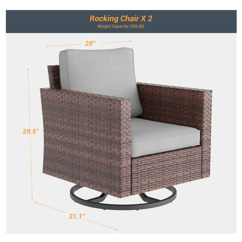 Livoosun Patio Outdoor Furniture Gray Rattan Swiveling Rocker Chairs Set With Thick Cushions
