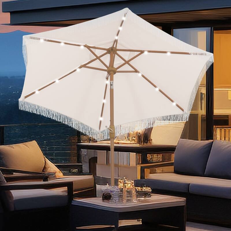 Autlaycil 7.5 ft Patio Umbrella with Tassel, 18 LED Lights Solar Umbrella