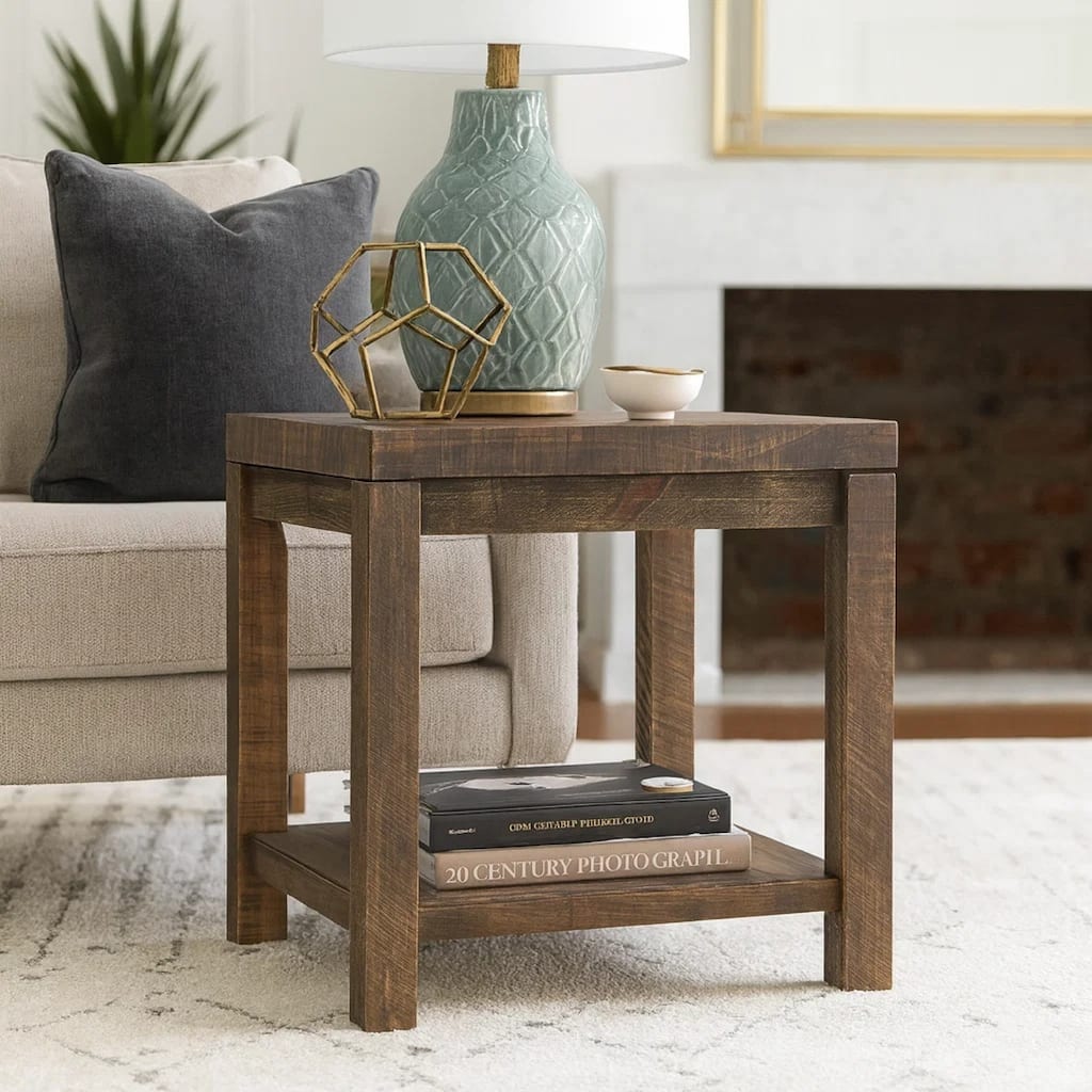 Wooden End Table with One Shelf, Taupe Brown
