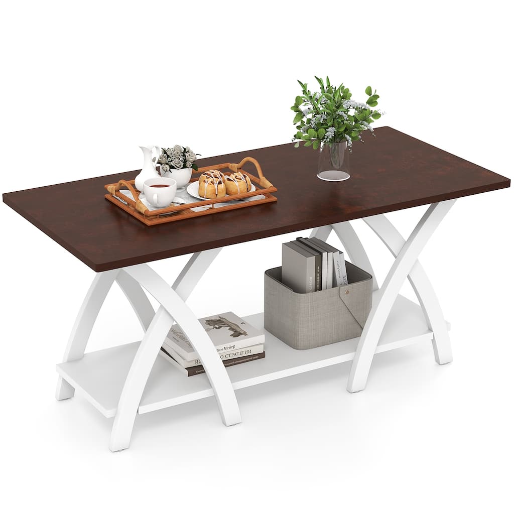 Gymax 2-Tier Coffee Table w/Storage Shelf & X-shaped Legs for Living