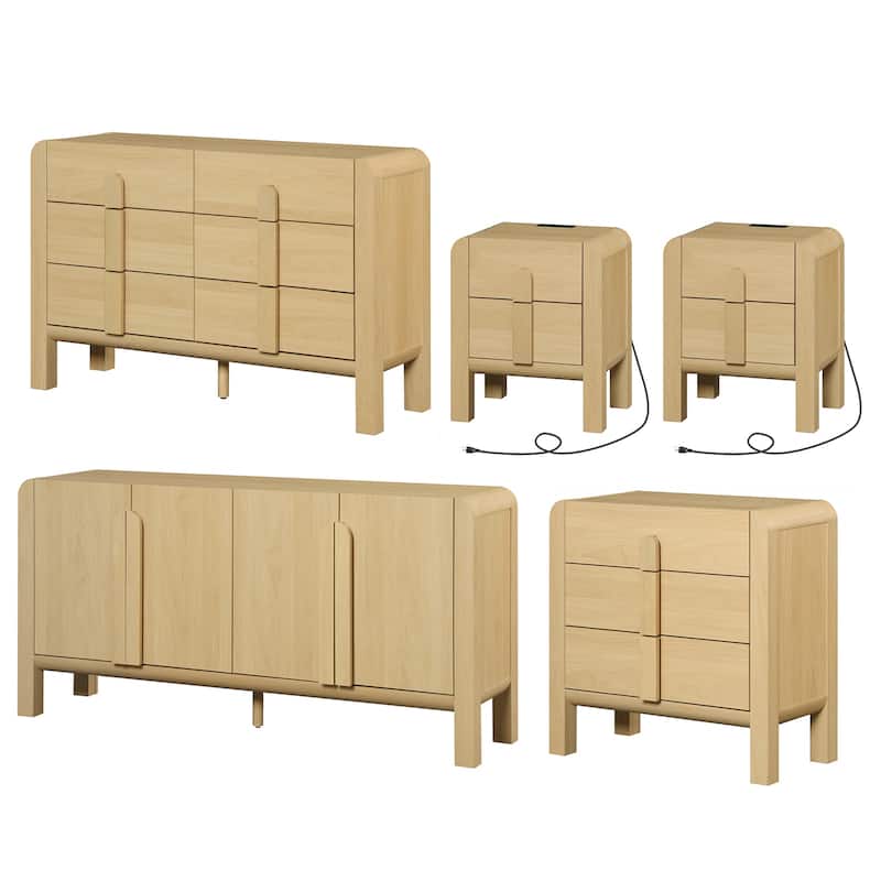 5 Pcs Wood Dresser and Nightstand Sets for Bedroom，Mid-Century Modern Bedroom Set with Curved Profile Design - Oak