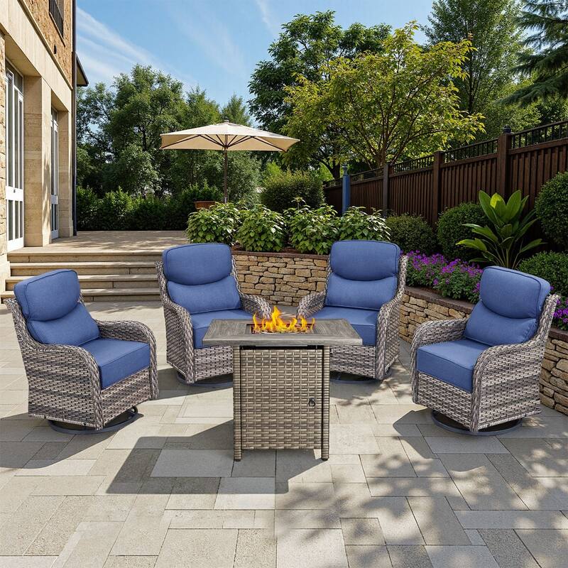 Arcadia 5-Piece Patio Conversation Set with 4 Swivel Glider Chairs and Wicker Square Fire Pit - Navy Blue Cushions - Gray Wicker