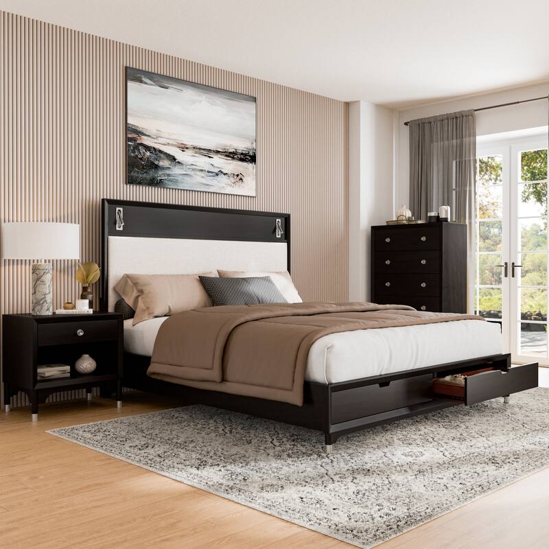 Furniture of America Forma Mid-Century Modern 3-Piece Black Solid Wood Storage Platform Bedroom Set - Queen