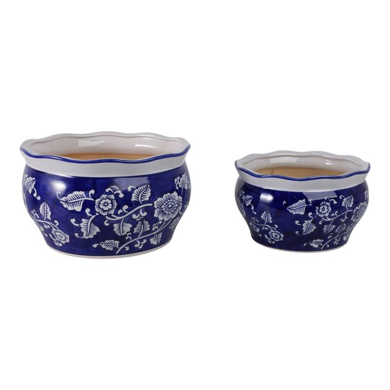 Stoneware Ceramic Chinoisere Planters with Scalloped Edges (Set of 2)