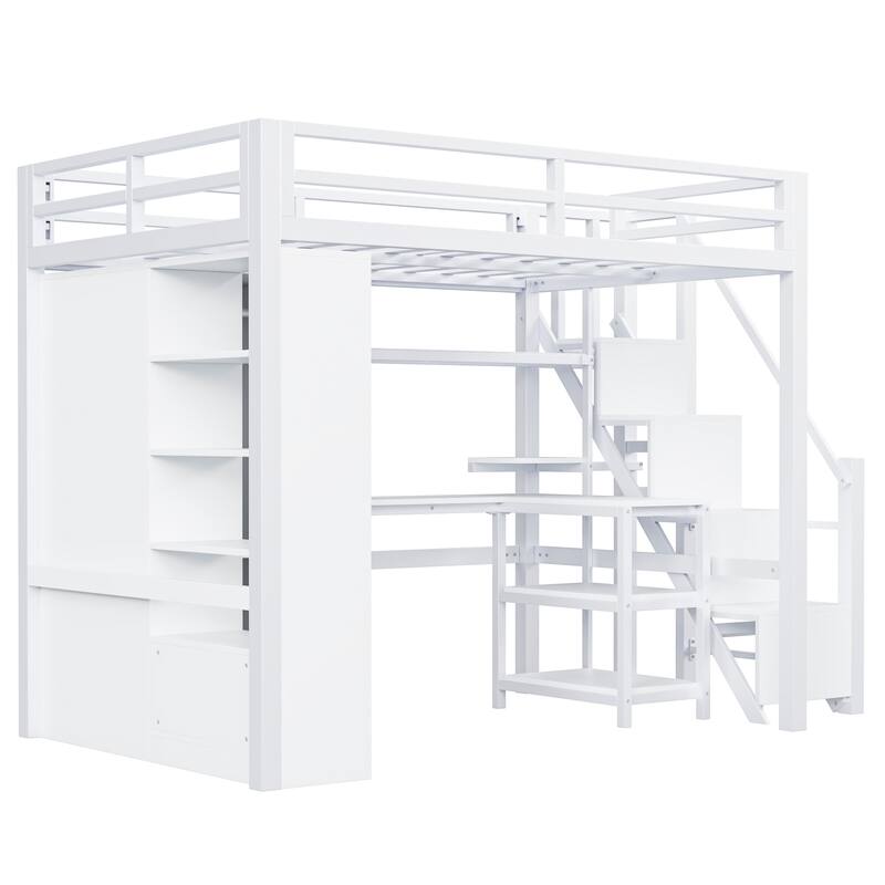 Full Size Loft Bed with Built-in Desk and Wardrobe, Kids Metal Bed Frame with USB Ports, 5-layer Shelf for Bedroom