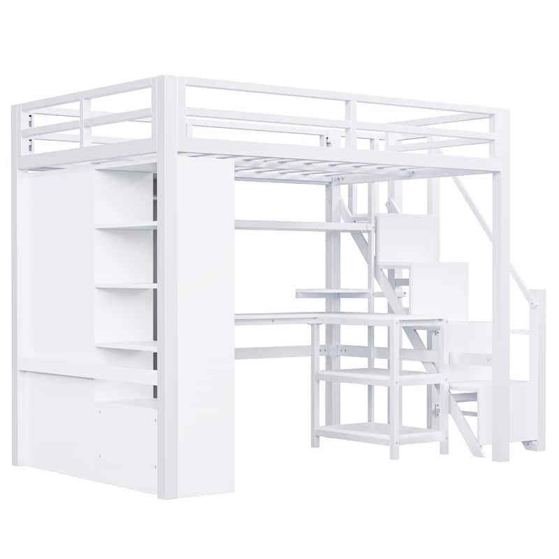 Full-Size Metal Loft Bed with Built-in Wardrobe, L-Shaped Desk, Charging Ports, and Multi-Layer Storage Shelves
