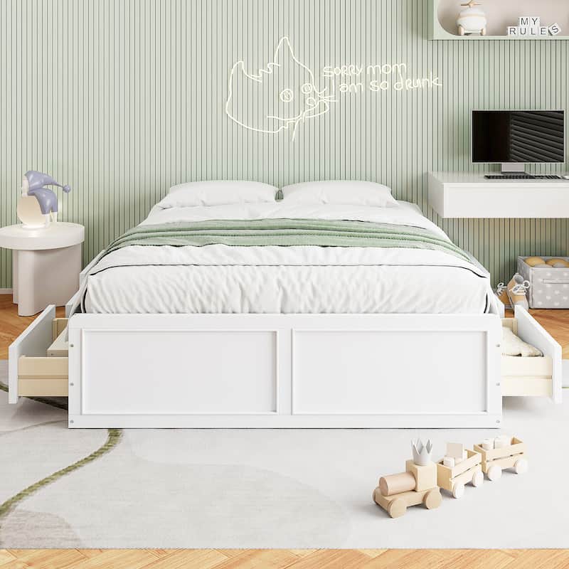 Queen Size Solid Wood Platform Bed with 6 Storage Drawers - No Box Spring Needed