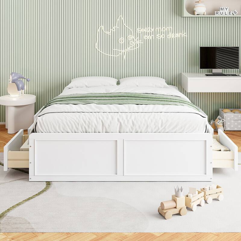 Roomfitters Queen Platform Bed Frame with 6 Drawers, Solid Wood Slatted Base, Modern Space-Saving Design, White