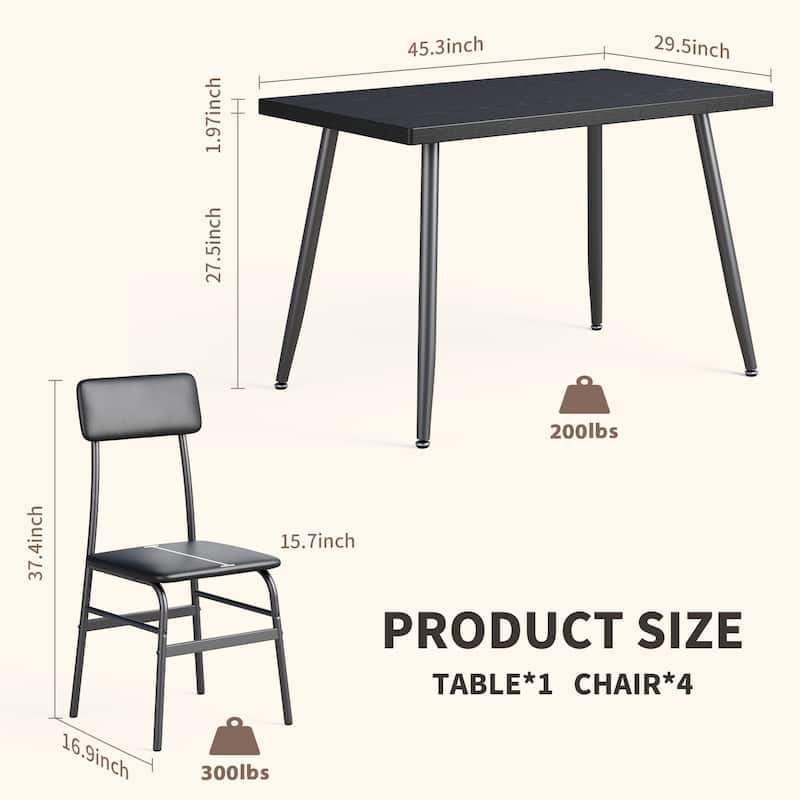 5-Piece Mid-Century Rectangular Dining Table, Industrial Kitchen Table Set with 4 Faux Leather Chairs