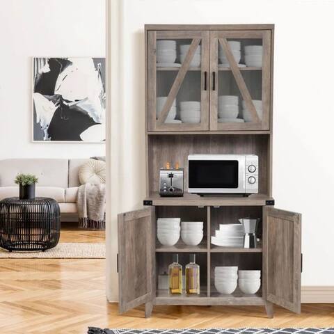 Organnice Wooden Kitchen Cupboard with Glass Framed Door,Microwave Space
