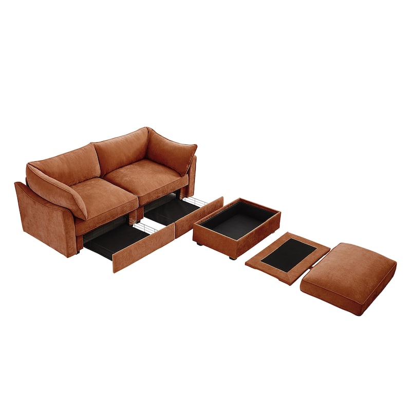 2-Seater Loveseat with 1 Movable Ottoman & Pull out Storage Drawer Under Seat