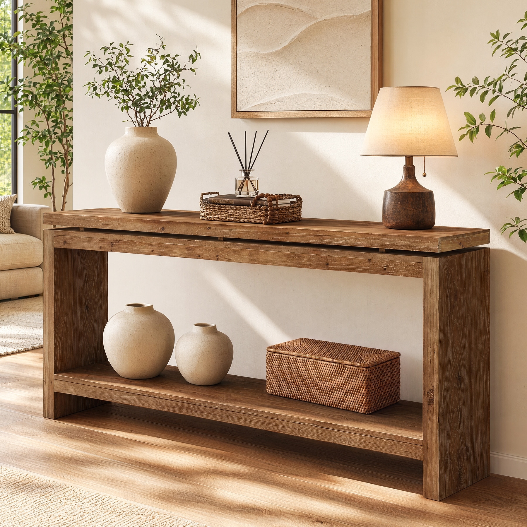 63" Solid Wood Console Table, Farmhouse Layered Double-Top Design
